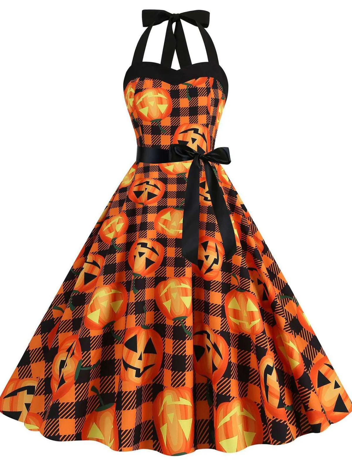 Hot Retro Stage 1950s Halloween Pumpkin Face Halter Dress