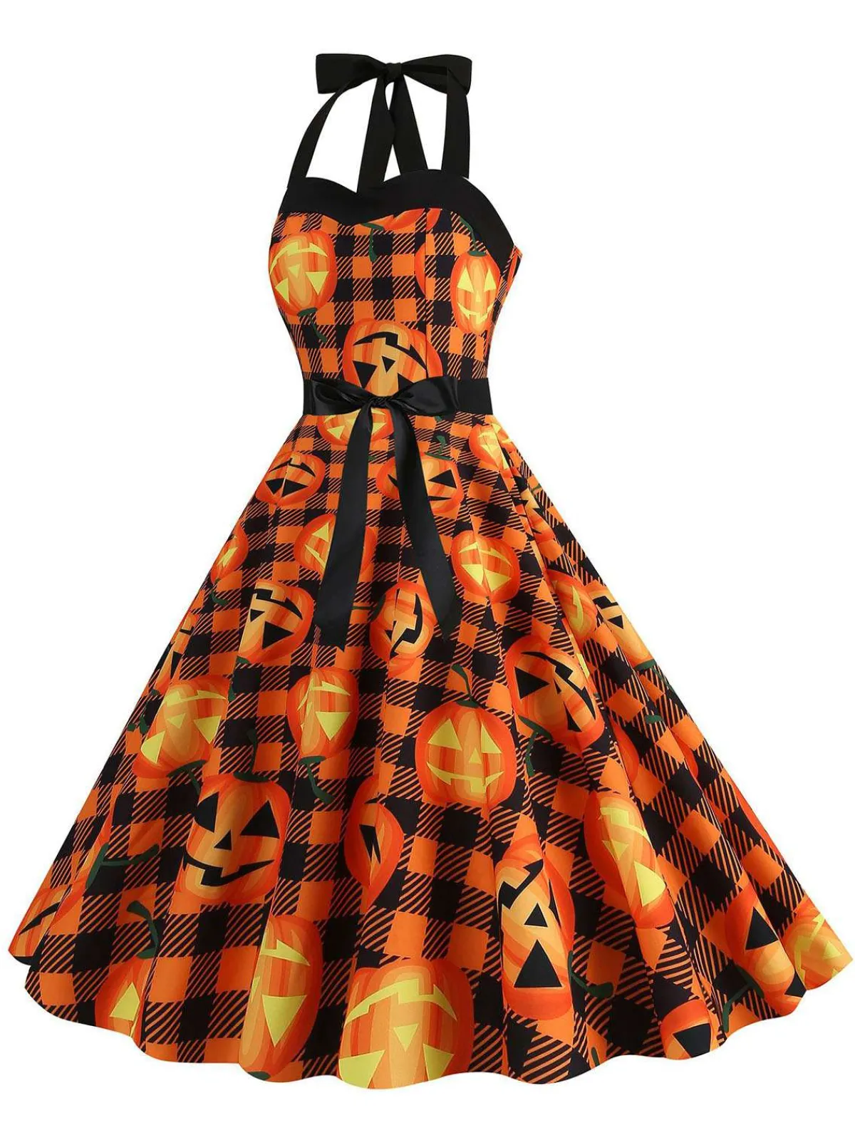 Hot Retro Stage 1950s Halloween Pumpkin Face Halter Dress