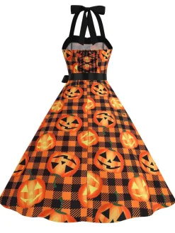 Hot Retro Stage 1950s Halloween Pumpkin Face Halter Dress