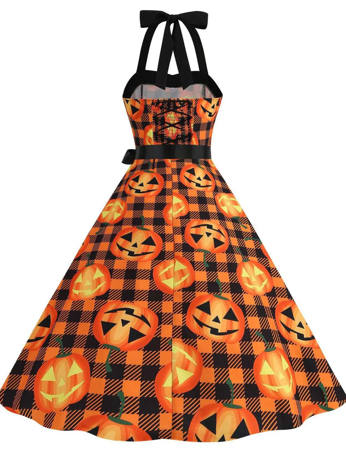 Hot Retro Stage 1950s Halloween Pumpkin Face Halter Dress