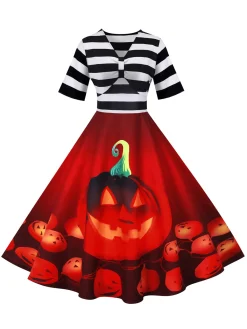 New Retro Stage 1950s Halloween Pumpkin Striped Patchwork Dress