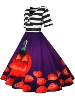 New Retro Stage 1950s Halloween Pumpkin Striped Patchwork Dress