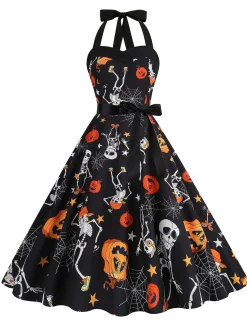 Hot Retro Stage 1950s Halloween Skull Halter Lace-Up Dress