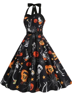 Hot Retro Stage 1950s Halloween Skull Halter Lace-Up Dress