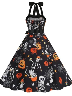 Hot Retro Stage 1950s Halloween Skull Halter Lace-Up Dress