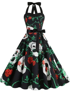 Hot Retro Stage 1950s Halloween Skull Halter Lace-Up Dress
