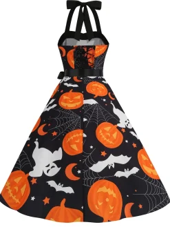 Hot Retro Stage 1950s Halloween Skull Halter Lace-Up Dress