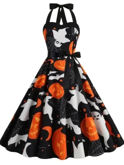Hot Retro Stage 1950s Halloween Skull Halter Lace-Up Dress