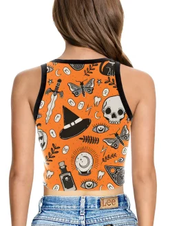 Clearance Retro Stage 1960s Halloween Skull Pumpkin Crop Sleeveless Top