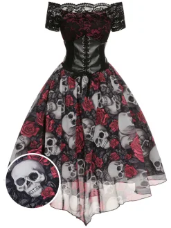 Best Retro Stage 1950s Halloween Skull Rose Lace Mesh Dress Black