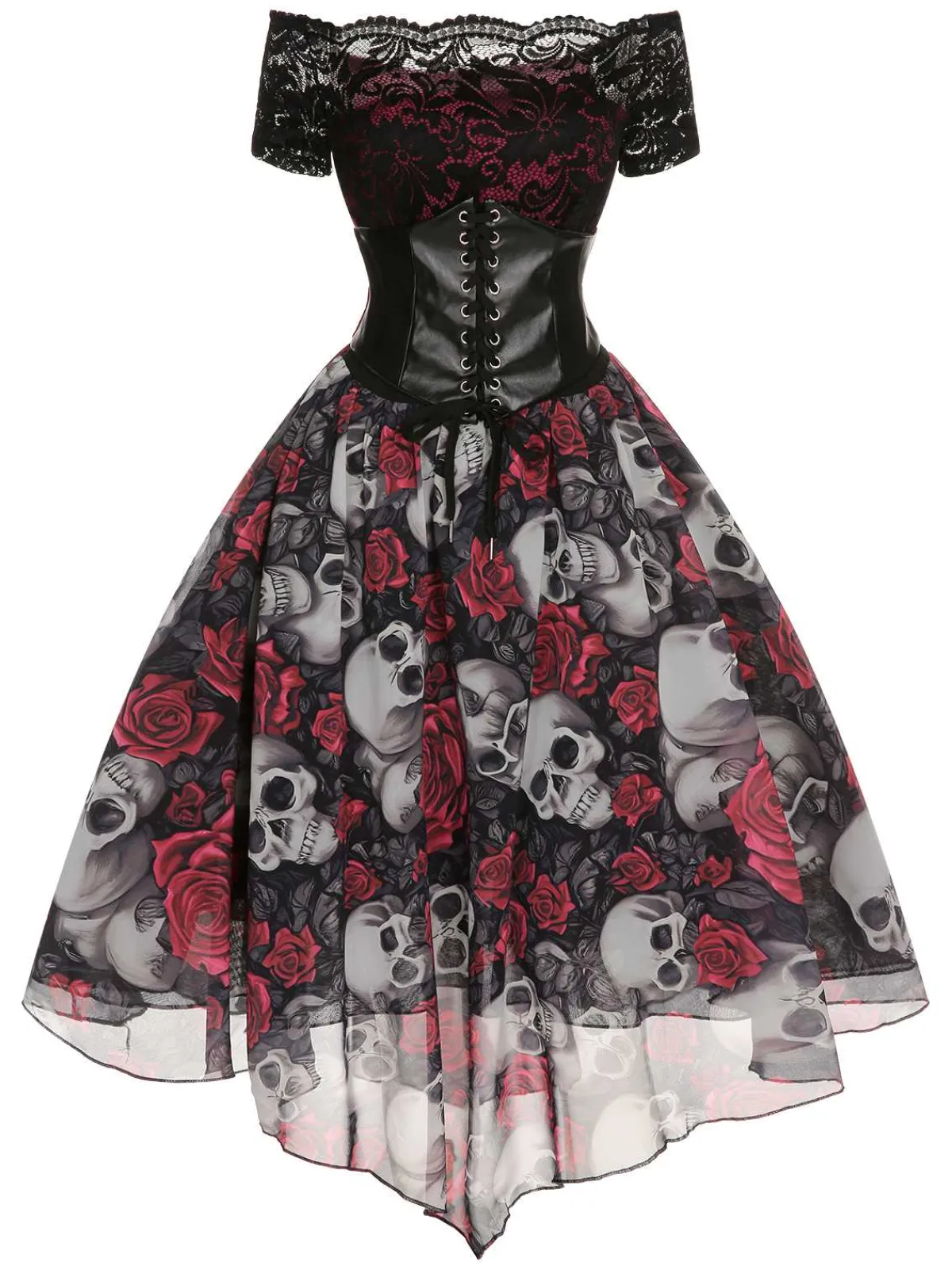 Best Retro Stage 1950s Halloween Skull Rose Lace Mesh Dress Black