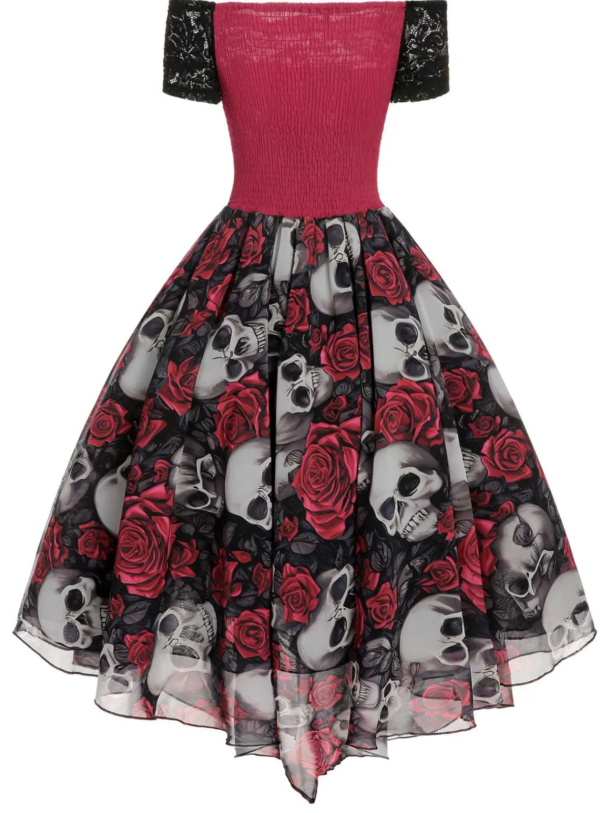 Best Retro Stage 1950s Halloween Skull Rose Lace Mesh Dress Black