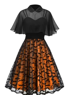 Clearance Retro Stage 1950s Halloween Strap Patchwork Dress & Cape Orange