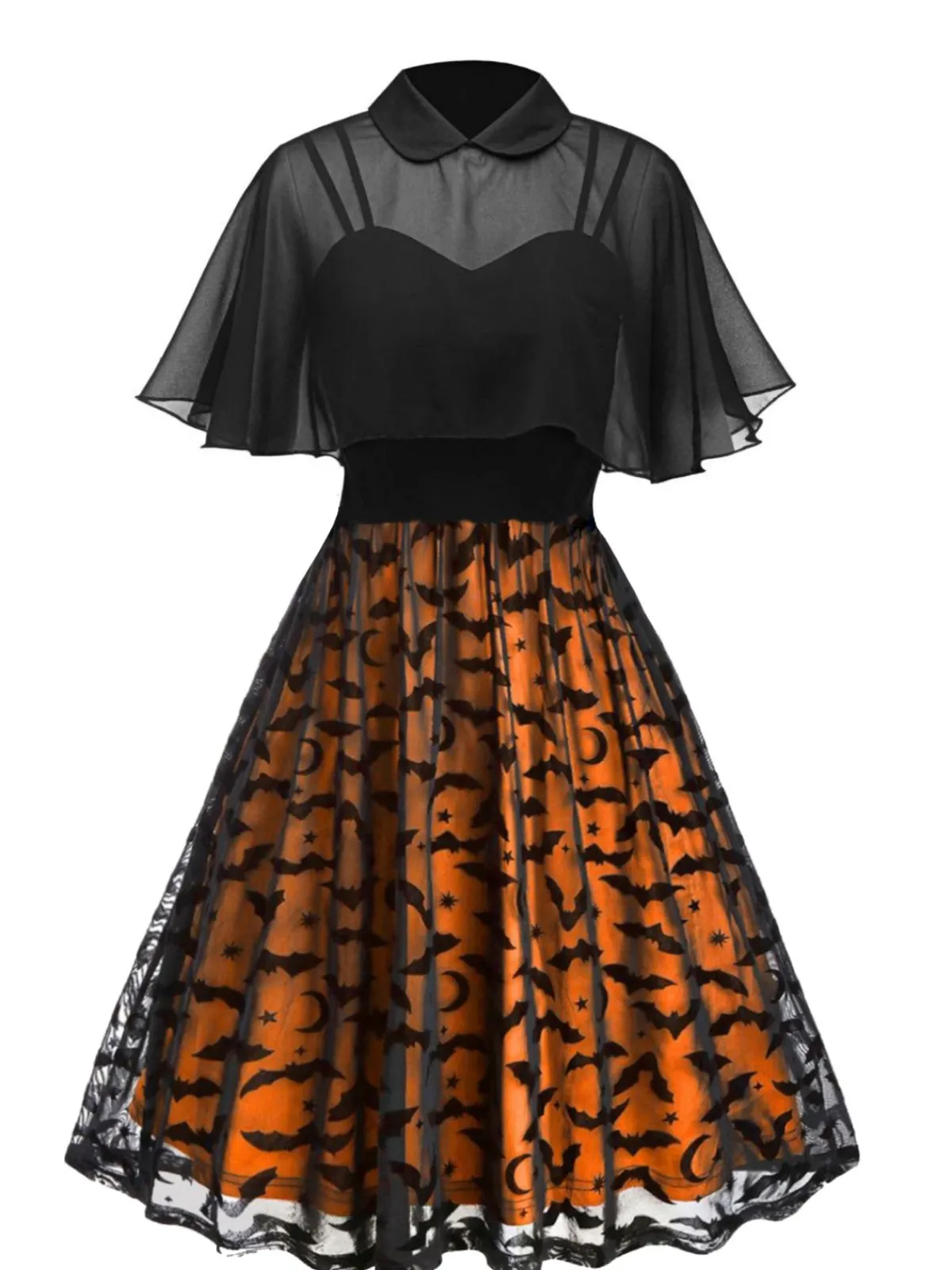 Clearance Retro Stage 1950s Halloween Strap Patchwork Dress & Cape Orange
