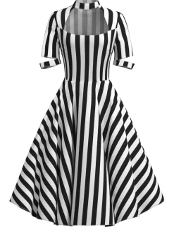 Hot Retro Stage 1950s Halloween Striped Hollow Collar Dress Black
