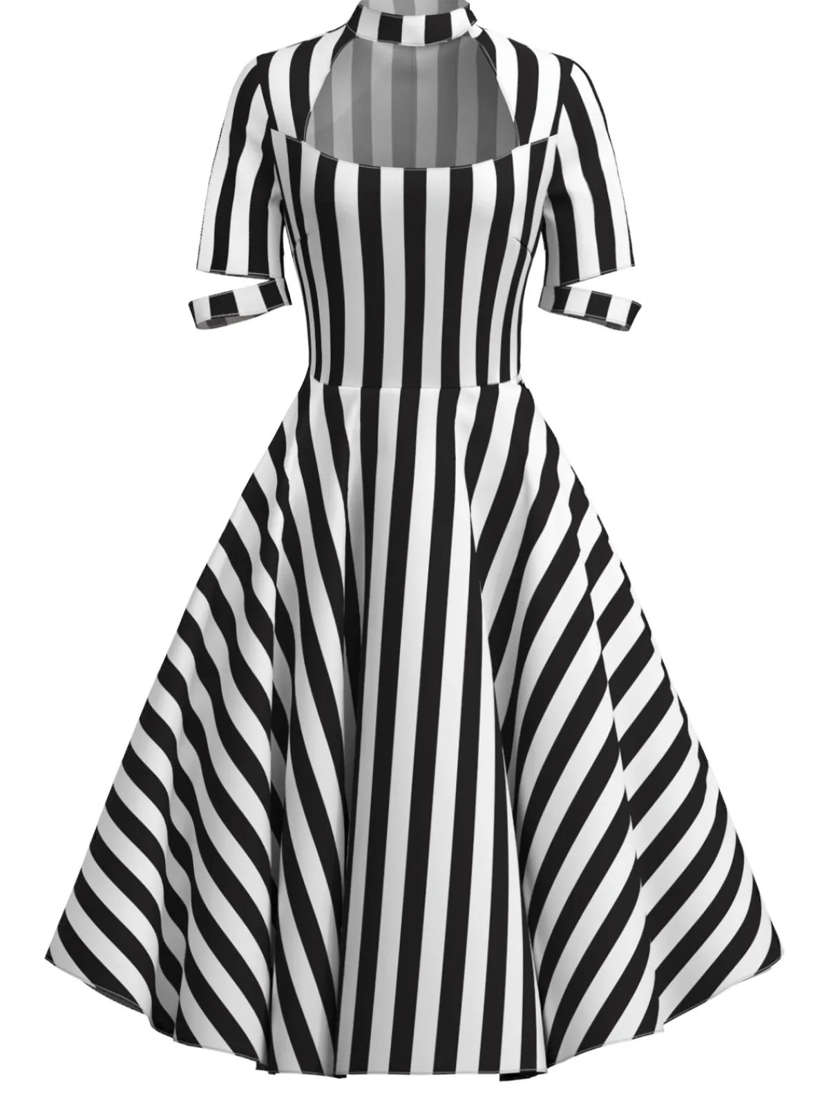 Hot Retro Stage 1950s Halloween Striped Hollow Collar Dress Black