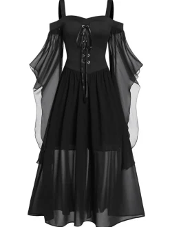 Online Retro Stage 1950s Halloween Witch Transparent Sleeves Strap Dress