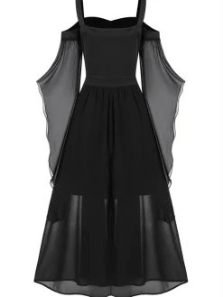 Online Retro Stage 1950s Halloween Witch Transparent Sleeves Strap Dress