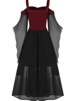 New Retro Stage 1950s Halloween Witch Transparent Sleeves Strap Dress