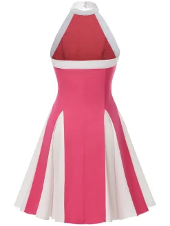 Sale Retro Stage 1950s Halter Colorblock 3D Floral Backless Dress Rose Red