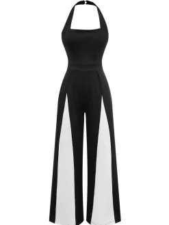 Sale Retro Stage 1960s Halter Colorblock Wide-Leg Backless Jumpsuit Black