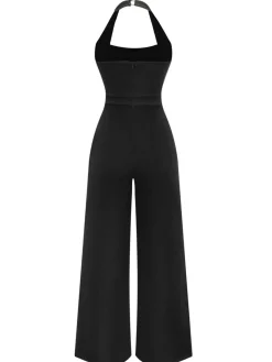 Sale Retro Stage 1960s Halter Colorblock Wide-Leg Backless Jumpsuit Black