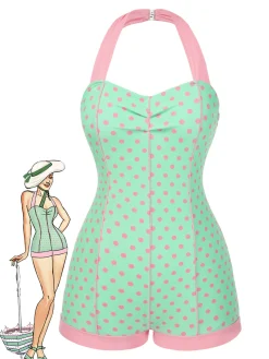 Online Retro Stage 1960s Halter Contrast Polka Dots Heart Swimsuit Pale Green