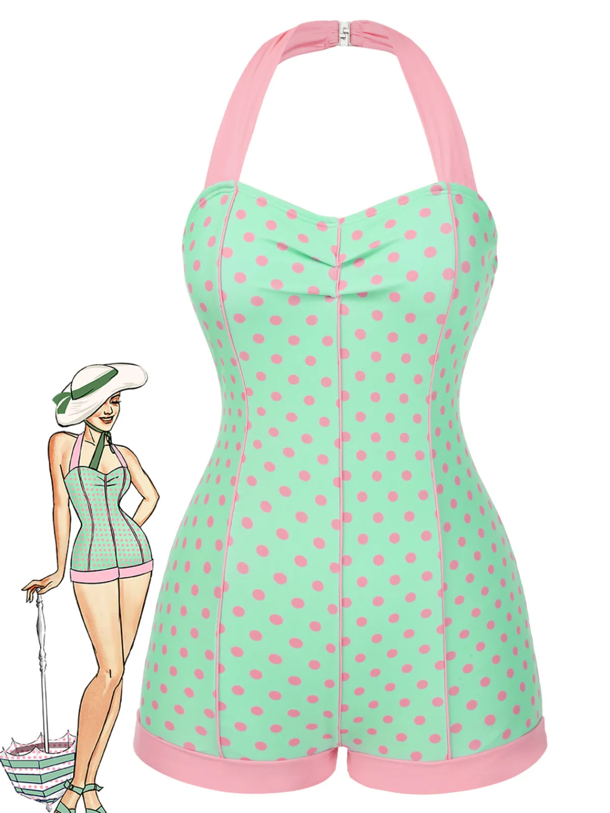 Online Retro Stage 1960s Halter Contrast Polka Dots Heart Swimsuit Pale Green