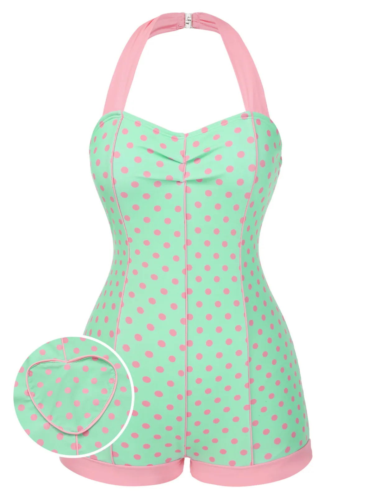 Online Retro Stage 1960s Halter Contrast Polka Dots Heart Swimsuit Pale Green