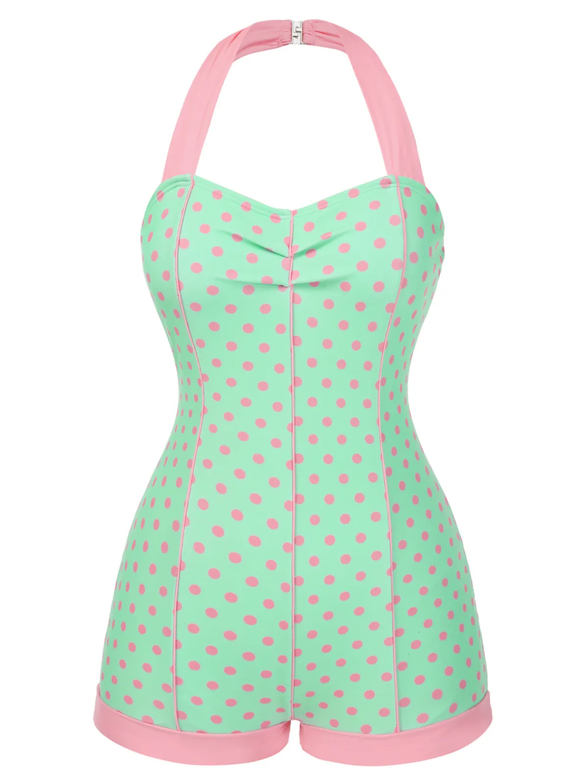 Online Retro Stage 1960s Halter Contrast Polka Dots Heart Swimsuit Pale Green