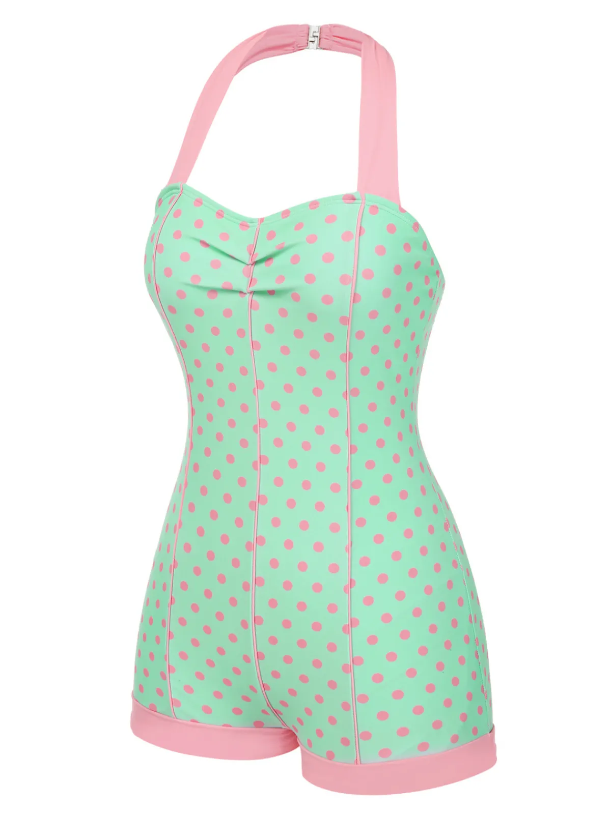 Online Retro Stage 1960s Halter Contrast Polka Dots Heart Swimsuit Pale Green