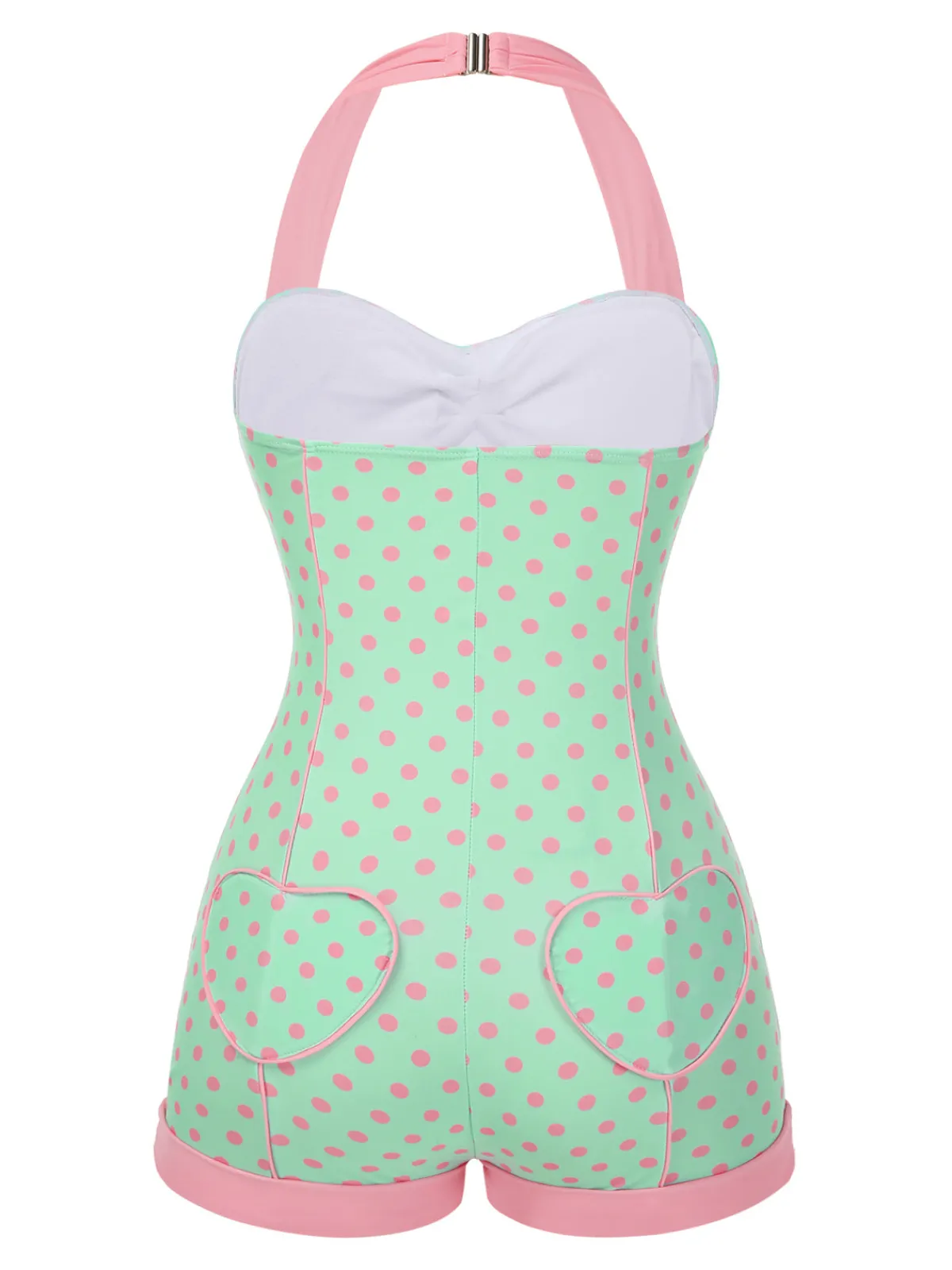 Online Retro Stage 1960s Halter Contrast Polka Dots Heart Swimsuit Pale Green