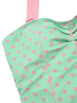 Online Retro Stage 1960s Halter Contrast Polka Dots Heart Swimsuit Pale Green