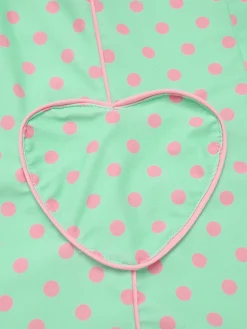 Online Retro Stage 1960s Halter Contrast Polka Dots Heart Swimsuit Pale Green