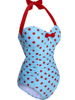 Best Retro Stage 1940s Halter Contrast Polka Dots One-Piece Swimsuit Lake Blue