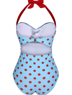 Best Retro Stage 1940s Halter Contrast Polka Dots One-Piece Swimsuit Lake Blue