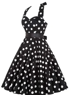 Outlet Retro Stage 1950s Halter Contrast Polka Dots Belted Dress
