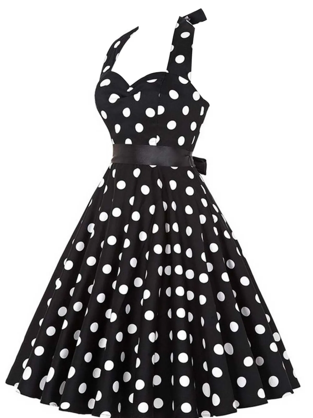 Outlet Retro Stage 1950s Halter Contrast Polka Dots Belted Dress