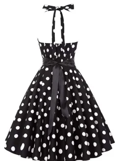 Outlet Retro Stage 1950s Halter Contrast Polka Dots Belted Dress