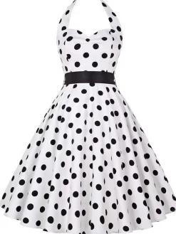 Outlet Retro Stage 1950s Halter Contrast Polka Dots Belted Dress