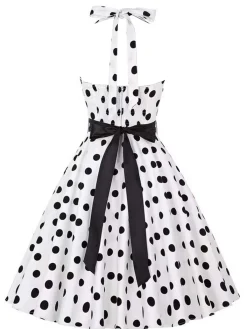Outlet Retro Stage 1950s Halter Contrast Polka Dots Belted Dress
