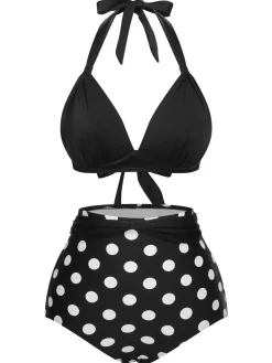 Fashion Retro Stage 1950s Halter Contrast Polka Dots Swimsuit