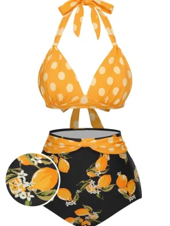Fashion Retro Stage 1950s Halter Contrast Polka Dots Swimsuit