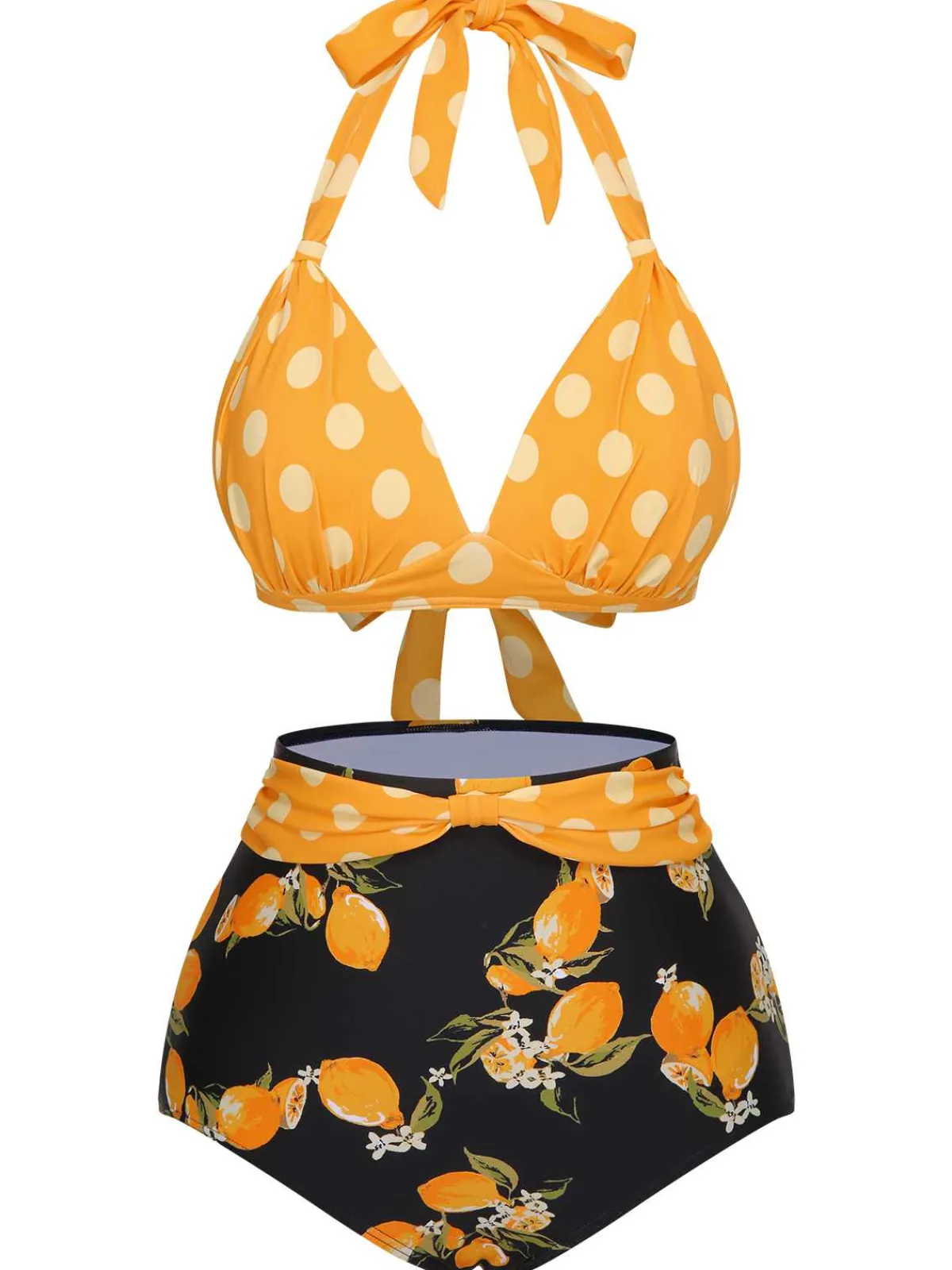 Fashion Retro Stage 1950s Halter Contrast Polka Dots Swimsuit
