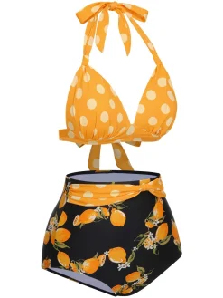 Fashion Retro Stage 1950s Halter Contrast Polka Dots Swimsuit