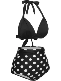 Fashion Retro Stage 1950s Halter Contrast Polka Dots Swimsuit