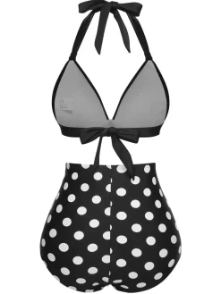 Fashion Retro Stage 1950s Halter Contrast Polka Dots Swimsuit