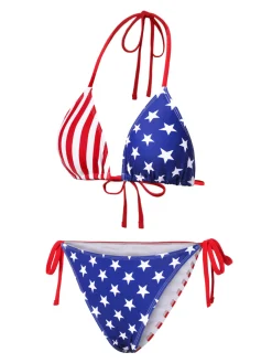 Hot Retro Stage 1960s Halter Contrast Stripes Stars Bikini Blue & Red