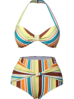 Sale Retro Stage 1930s Halter Contrast Stripes Swimsuit Multicolor
