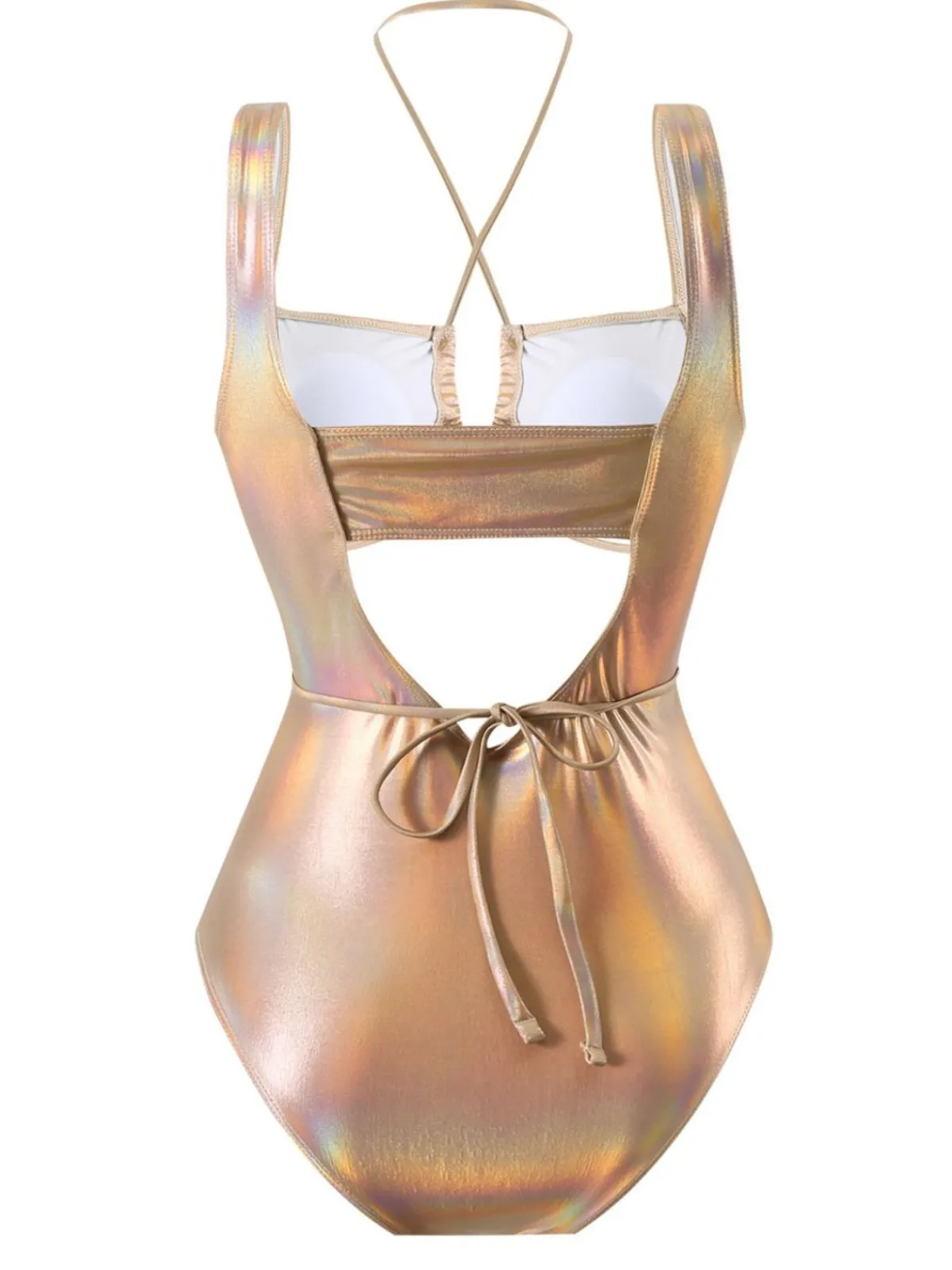 Online Retro Stage 1970s Halter Cut-Out Metallic One-Piece Swimsuit